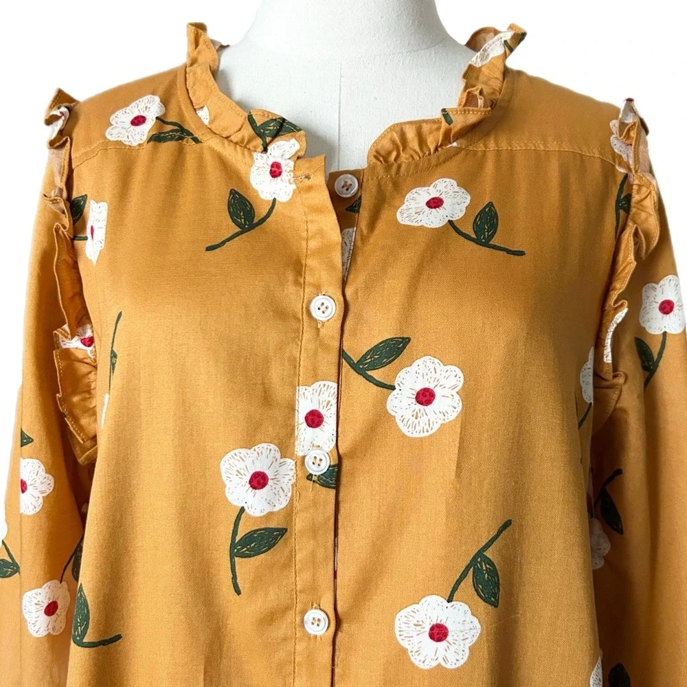 NEW Pink Chicken Kalani Mini Dress 100% Cotton Gold Flower Ruffle Tiered Large